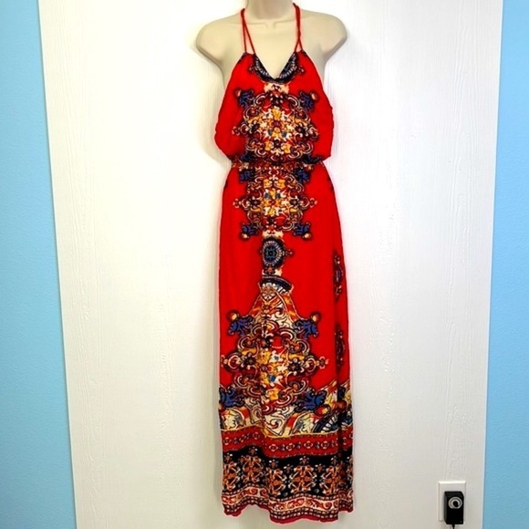 Forever 21 - Bright Orange With Colorful Design Halter Maxi Dress Size Small - Picture 2 of 11